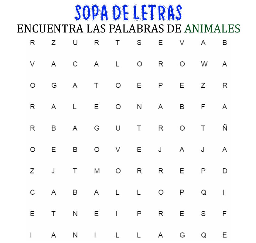 sopa-de-letras-animales - Juegos de lógica y matemáticas recreativas